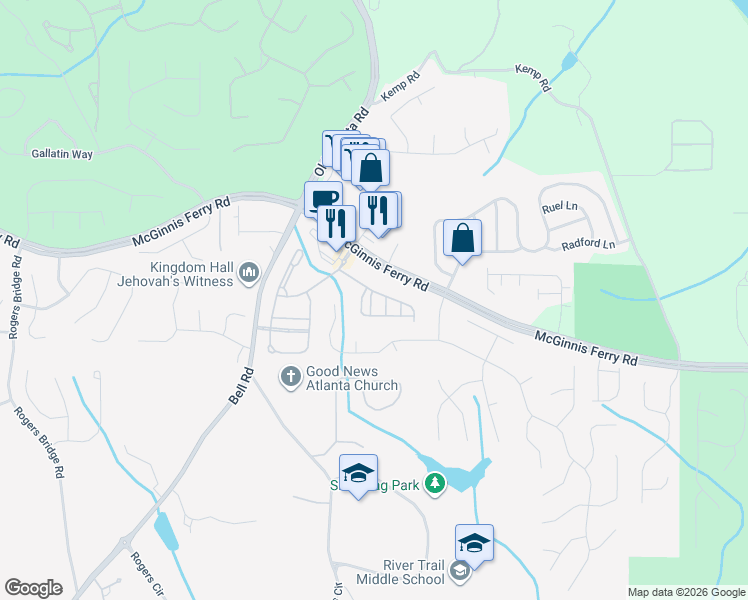 map of restaurants, bars, coffee shops, grocery stores, and more near 136 Laurel Crest Alley in Suwanee