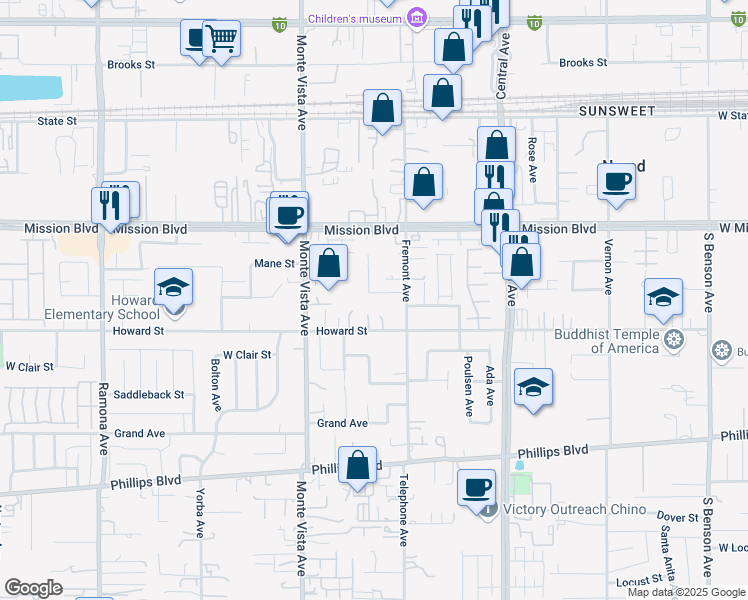 map of restaurants, bars, coffee shops, grocery stores, and more near 11060 Fremont Avenue in Montclair
