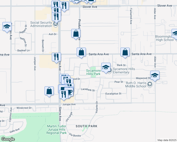 map of restaurants, bars, coffee shops, grocery stores, and more near 17139 Grapevine Court in Fontana
