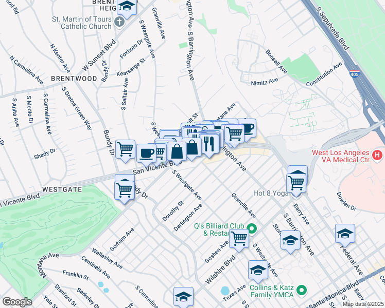map of restaurants, bars, coffee shops, grocery stores, and more near 11777 San Vicente Boulevard in Los Angeles