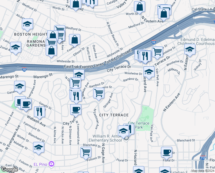 map of restaurants, bars, coffee shops, grocery stores, and more near 3837 Dwiggins Street in Los Angeles