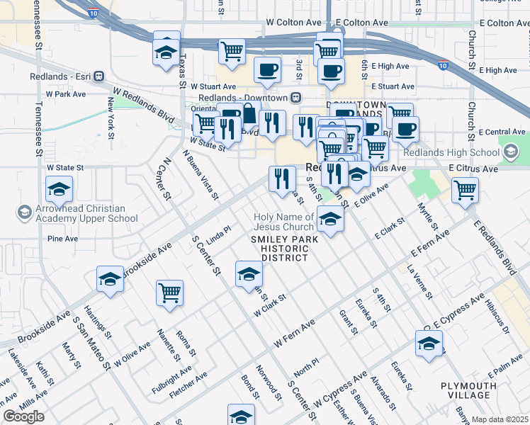 map of restaurants, bars, coffee shops, grocery stores, and more near 45 Parkwood Drive in Redlands