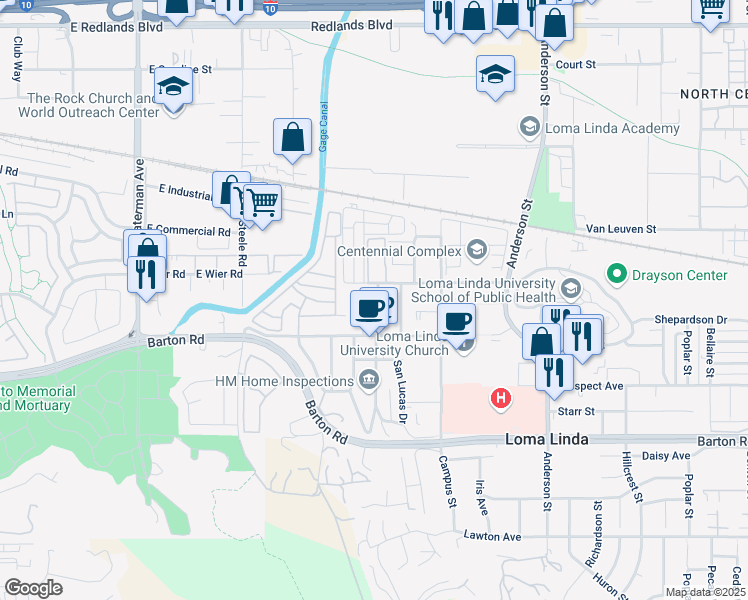map of restaurants, bars, coffee shops, grocery stores, and more near 11052 San Juan Street in Loma Linda