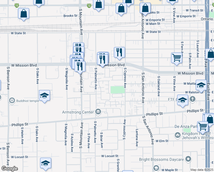 map of restaurants, bars, coffee shops, grocery stores, and more near 1031 South Palmetto Avenue in Ontario