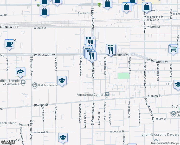 map of restaurants, bars, coffee shops, grocery stores, and more near 1010 South Mountain Avenue in Ontario