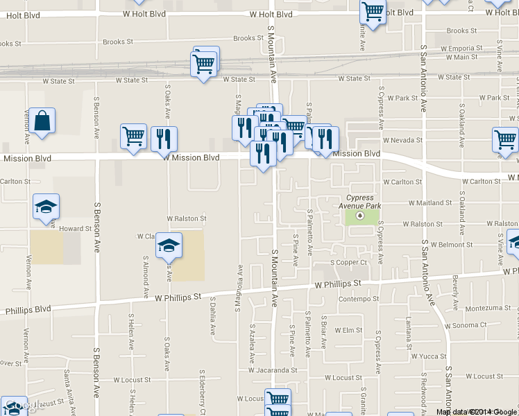 map of restaurants, bars, coffee shops, grocery stores, and more near 1010 South Mountain Avenue in Ontario