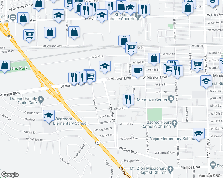 map of restaurants, bars, coffee shops, grocery stores, and more near 1495 Vejar Street in Pomona