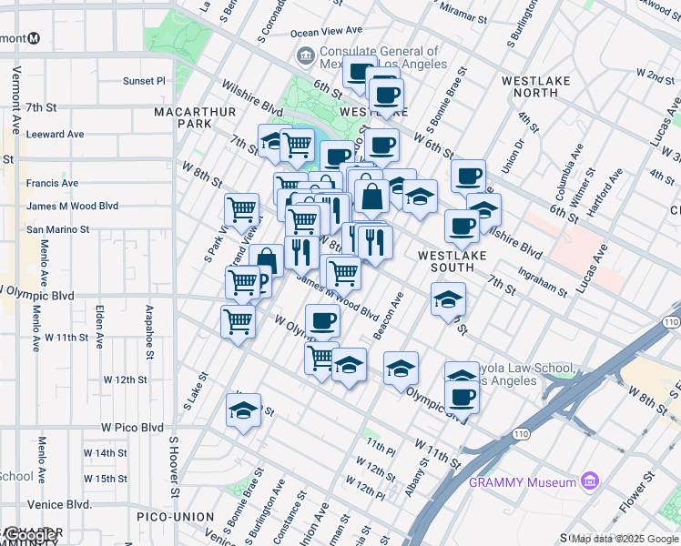 map of restaurants, bars, coffee shops, grocery stores, and more near 829 South Bonnie Brae Street in Los Angeles