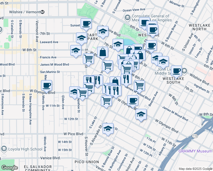map of restaurants, bars, coffee shops, grocery stores, and more near 933 South Lake Street in Los Angeles
