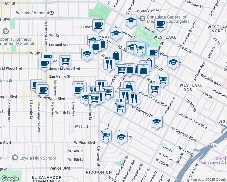 map of restaurants, bars, coffee shops, grocery stores, and more near 2323E West Olympic Boulevard in Los Angeles