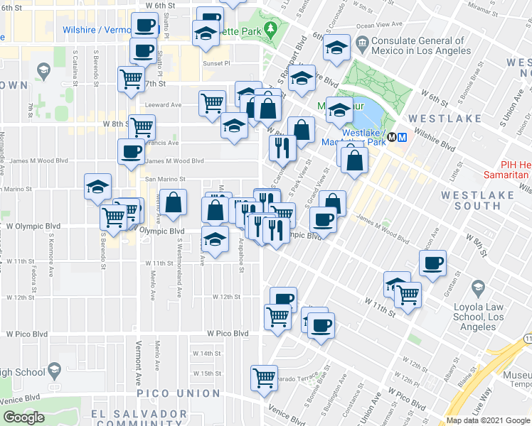 map of restaurants, bars, coffee shops, grocery stores, and more near in Los Angeles