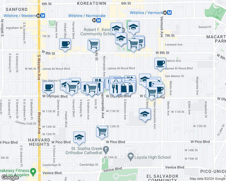 map of restaurants, bars, coffee shops, grocery stores, and more near 2949 West Olympic Boulevard in Los Angeles
