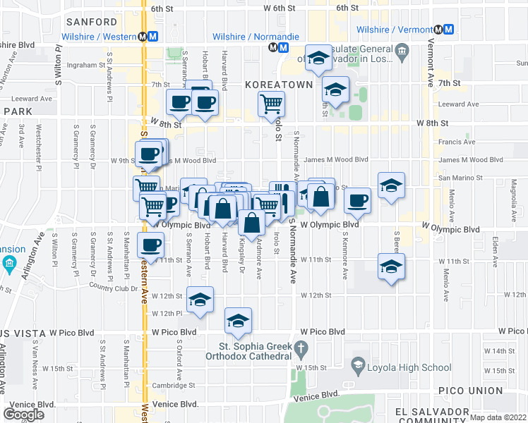 map of restaurants, bars, coffee shops, grocery stores, and more near 987 3/4 South Ardmore Avenue in Los Angeles