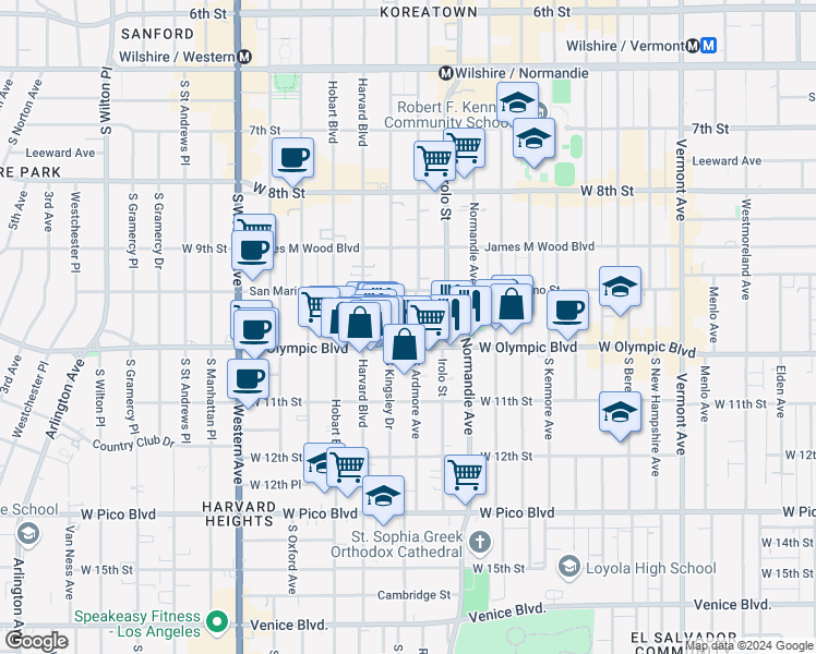map of restaurants, bars, coffee shops, grocery stores, and more near 987 3/4 South Ardmore Avenue in Los Angeles