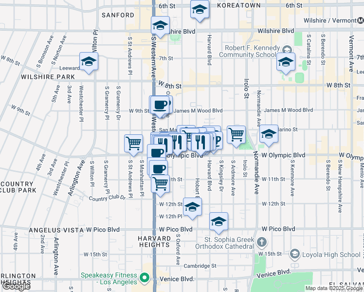 map of restaurants, bars, coffee shops, grocery stores, and more near 989 South Serrano Avenue in Los Angeles