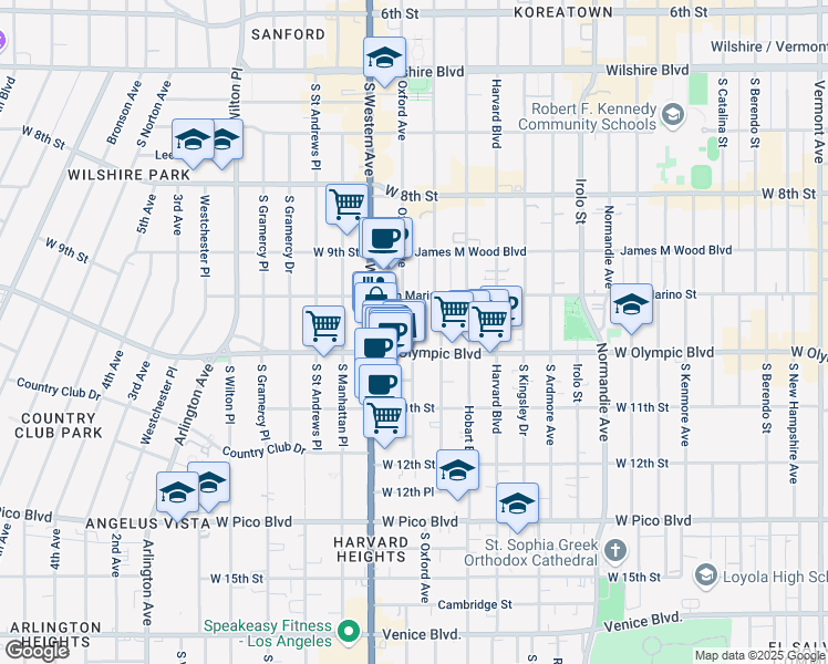 map of restaurants, bars, coffee shops, grocery stores, and more near 985 South Oxford Avenue in Los Angeles