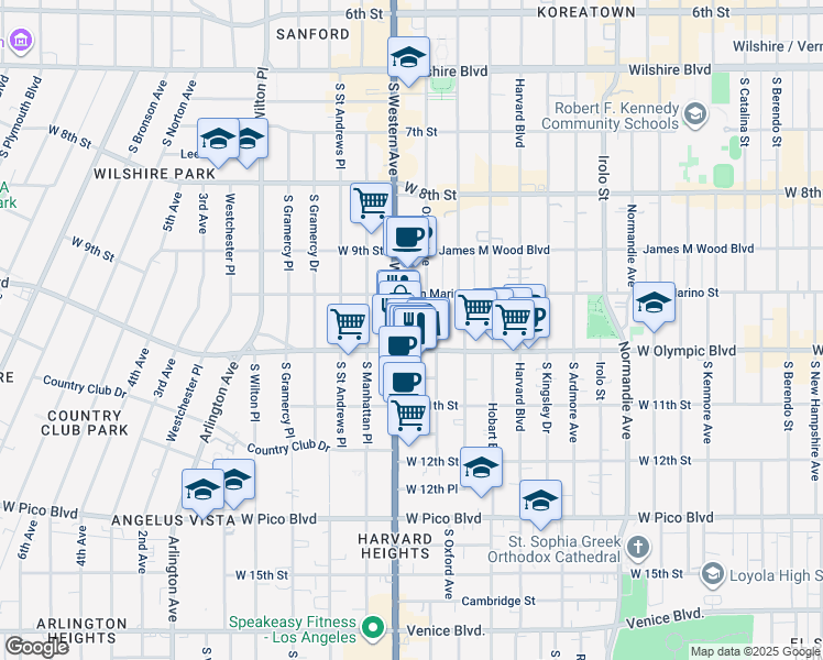 map of restaurants, bars, coffee shops, grocery stores, and more near 985 South Oxford Avenue in Los Angeles
