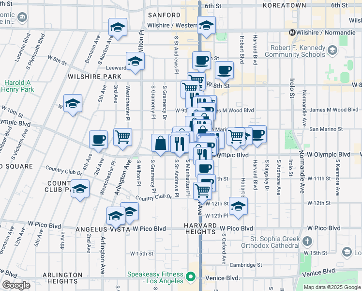 map of restaurants, bars, coffee shops, grocery stores, and more near 986 South Saint Andrews Place in Los Angeles