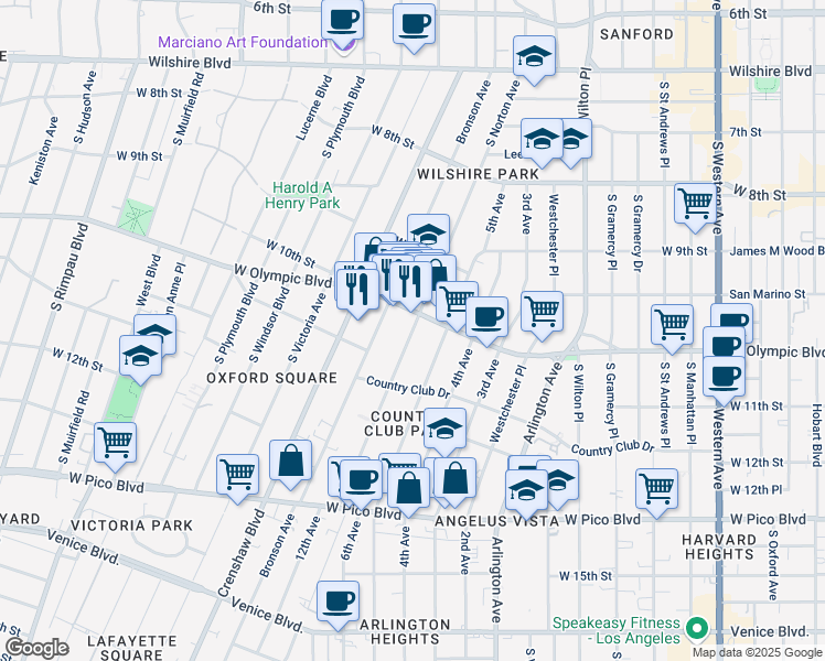 map of restaurants, bars, coffee shops, grocery stores, and more near 1035 South Norton Avenue in Los Angeles