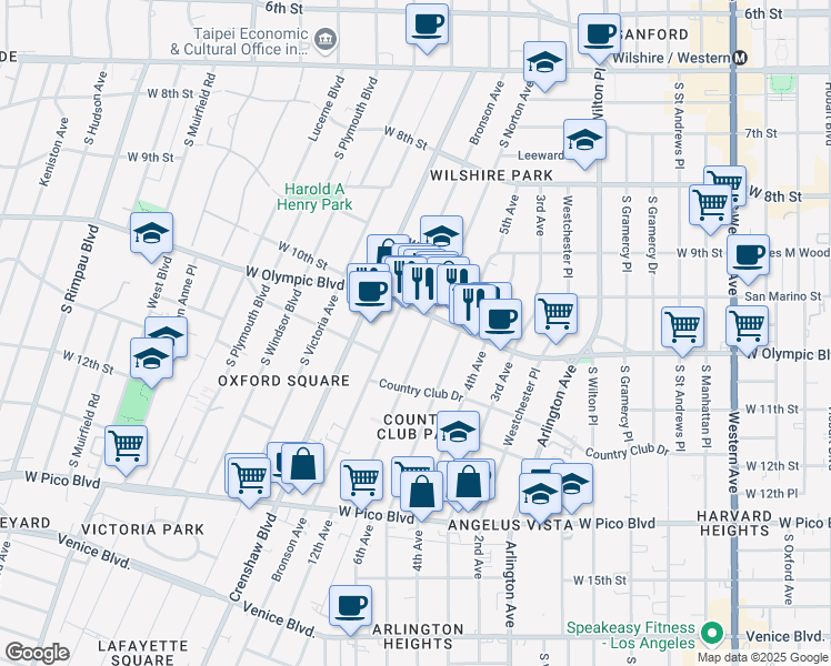 map of restaurants, bars, coffee shops, grocery stores, and more near 1035 South Norton Avenue in Los Angeles