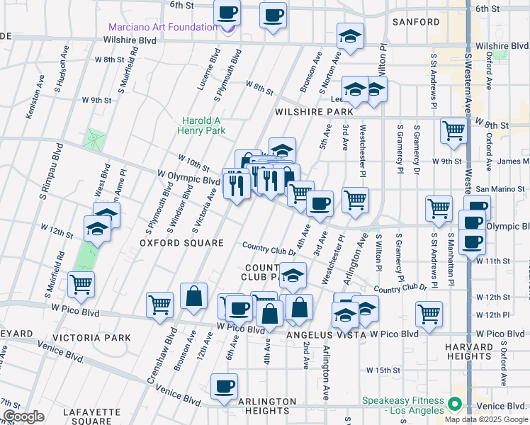 map of restaurants, bars, coffee shops, grocery stores, and more near 1035 South Norton Avenue in Los Angeles