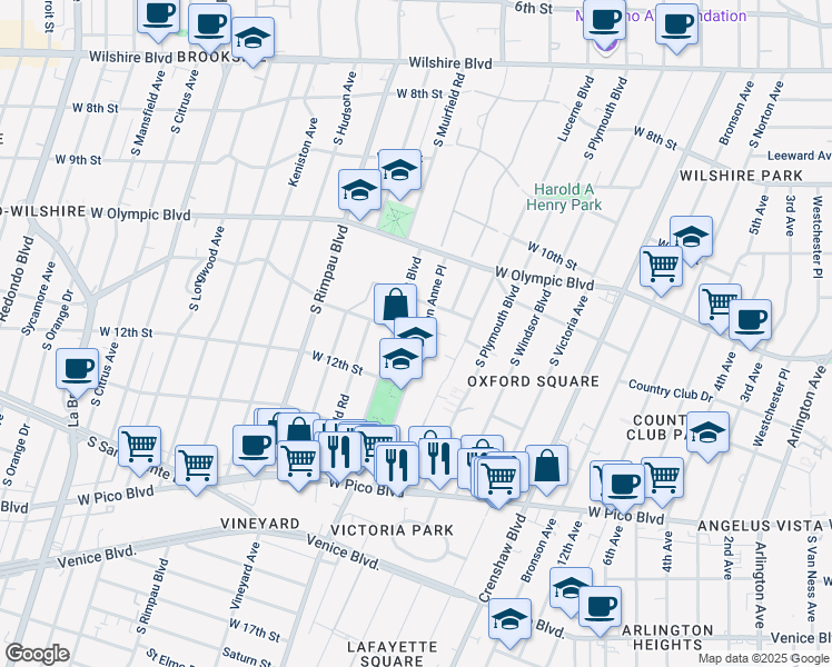 map of restaurants, bars, coffee shops, grocery stores, and more near 1142 Queen Anne Place in Los Angeles