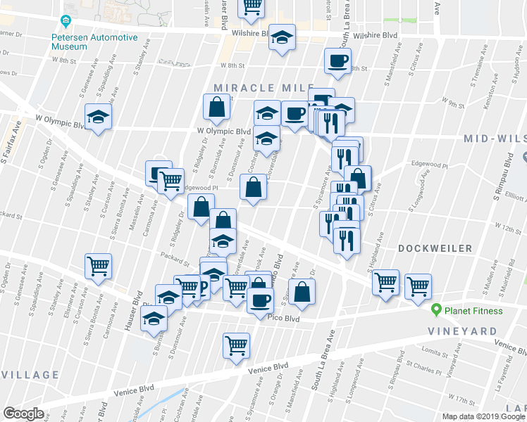 map of restaurants, bars, coffee shops, grocery stores, and more near 1211 Meadowbrook Avenue in Los Angeles