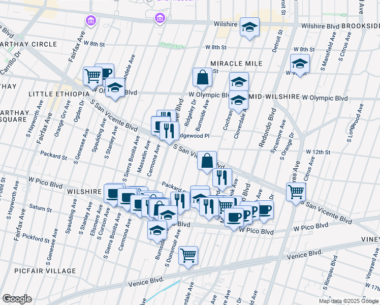map of restaurants, bars, coffee shops, grocery stores, and more near 1206 South Burnside Avenue in Los Angeles