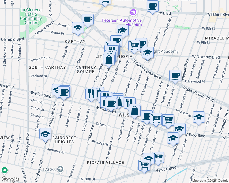 map of restaurants, bars, coffee shops, grocery stores, and more near 1258 South Ogden Drive in Los Angeles