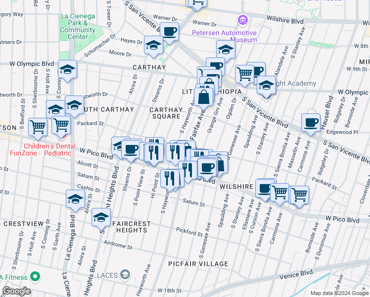 map of restaurants, bars, coffee shops, grocery stores, and more near 1215 South Fairfax Avenue in Los Angeles