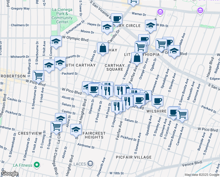map of restaurants, bars, coffee shops, grocery stores, and more near 1222 Hi Point Street in Los Angeles