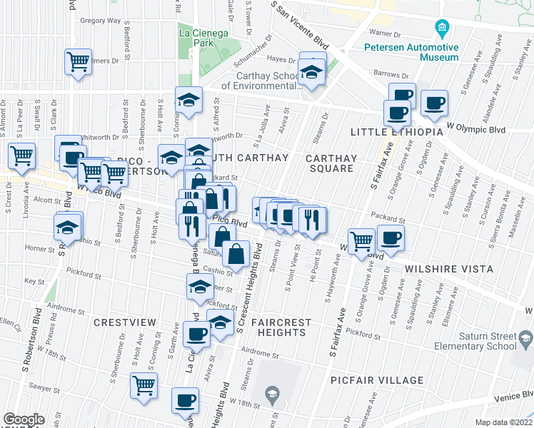 map of restaurants, bars, coffee shops, grocery stores, and more near in Los Angeles