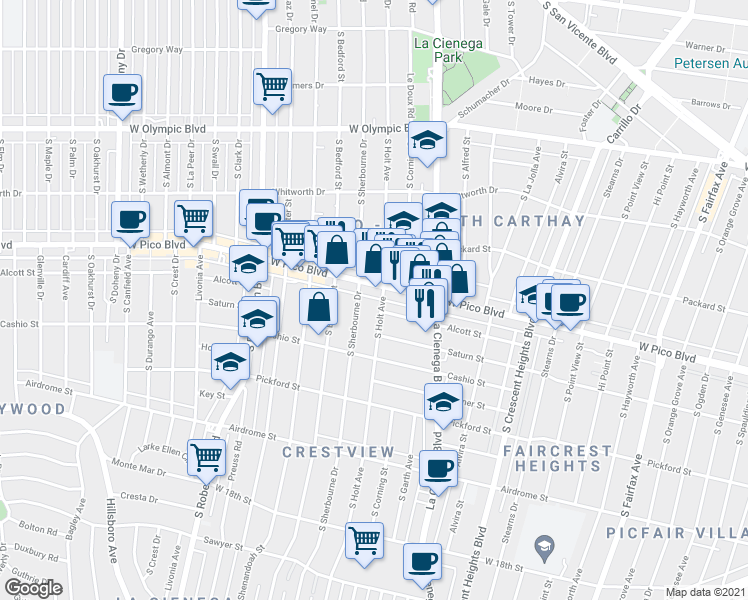 map of restaurants, bars, coffee shops, grocery stores, and more near 1423 South Holt Avenue in Los Angeles