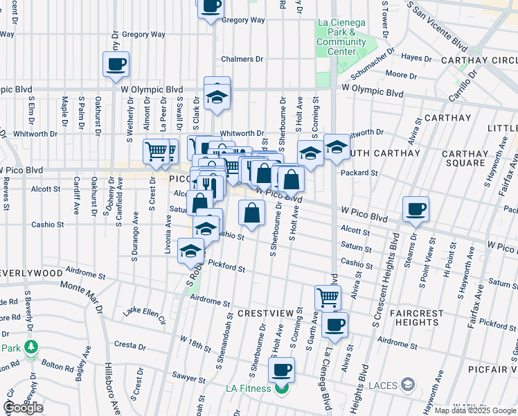 map of restaurants, bars, coffee shops, grocery stores, and more near 1442 South Shenandoah Street in Los Angeles