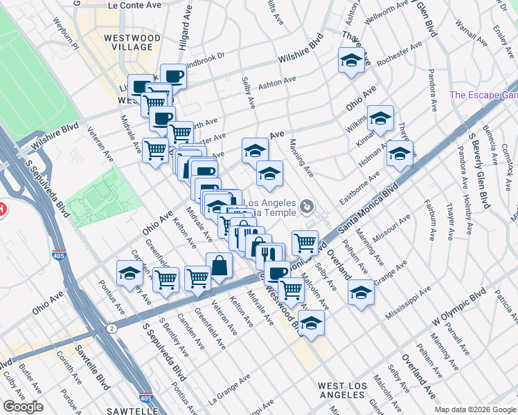 map of restaurants, bars, coffee shops, grocery stores, and more near 1646 Malcolm Avenue in Los Angeles