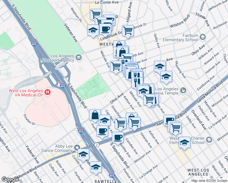 map of restaurants, bars, coffee shops, grocery stores, and more near 10939 Ohio Avenue in Los Angeles