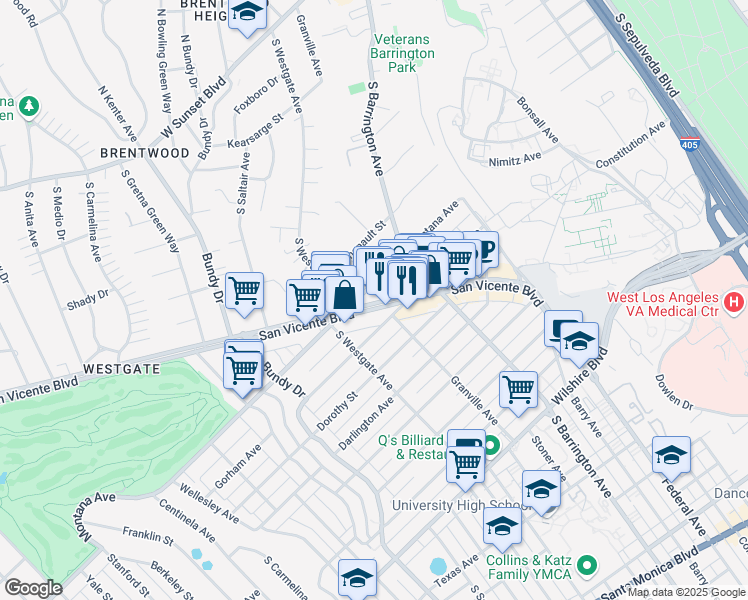 map of restaurants, bars, coffee shops, grocery stores, and more near 814 South Westgate Avenue in Los Angeles