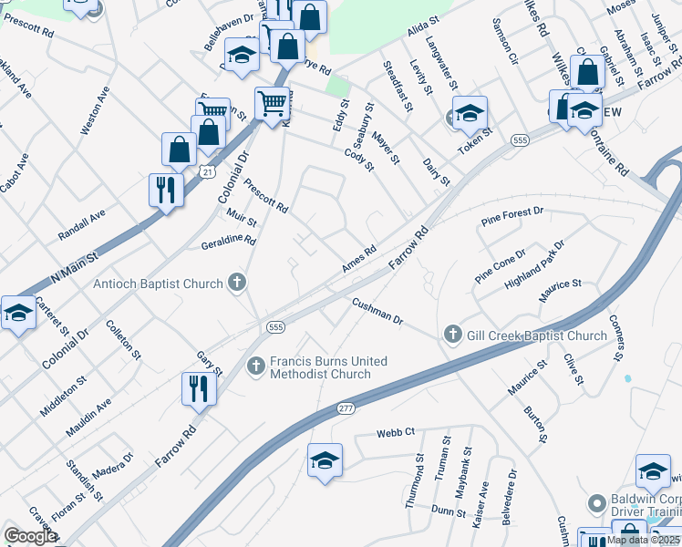 map of restaurants, bars, coffee shops, grocery stores, and more near 5779 Ames Road in Columbia