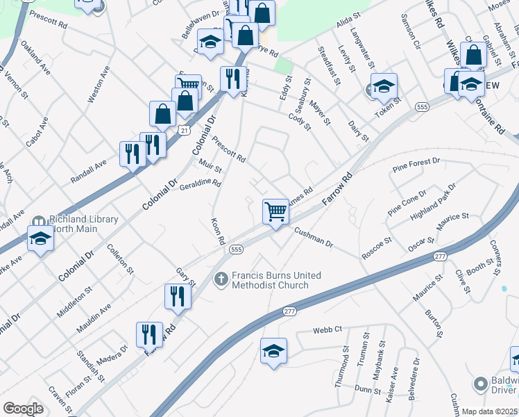 map of restaurants, bars, coffee shops, grocery stores, and more near 5739 Ames Road in Columbia
