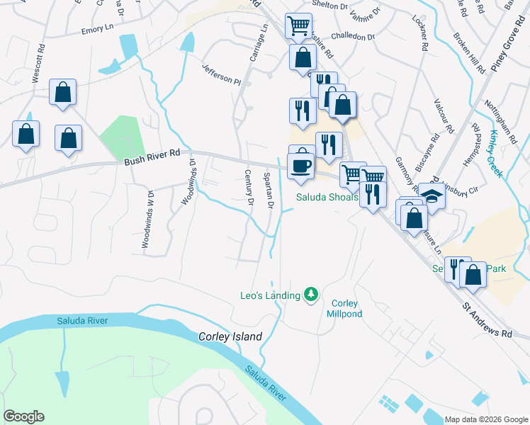 map of restaurants, bars, coffee shops, grocery stores, and more near 201 Spartan Drive in Columbia