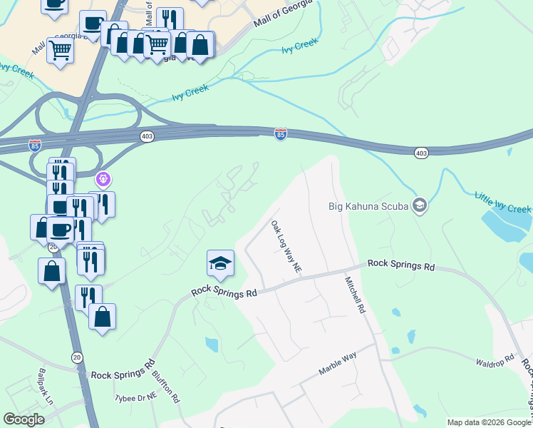 map of restaurants, bars, coffee shops, grocery stores, and more near 2810 Pine Log Way in Buford