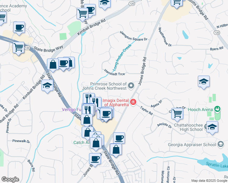 map of restaurants, bars, coffee shops, grocery stores, and more near 11315 Bramshill Drive in Alpharetta