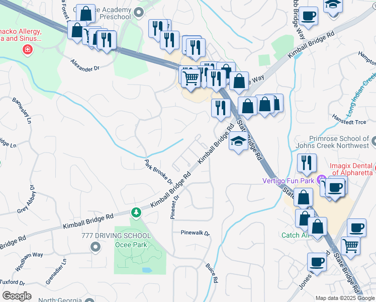 map of restaurants, bars, coffee shops, grocery stores, and more near 11240 Avery Cove Court in Alpharetta
