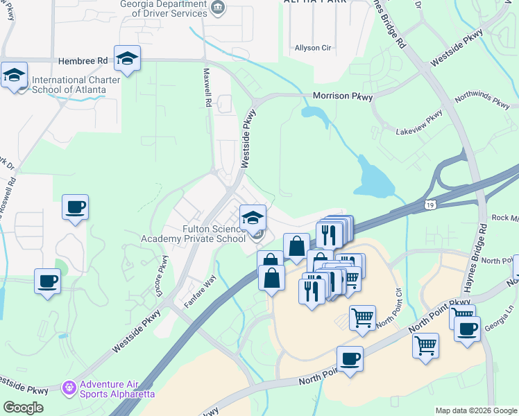 map of restaurants, bars, coffee shops, grocery stores, and more near 100 Duval Drive in Alpharetta