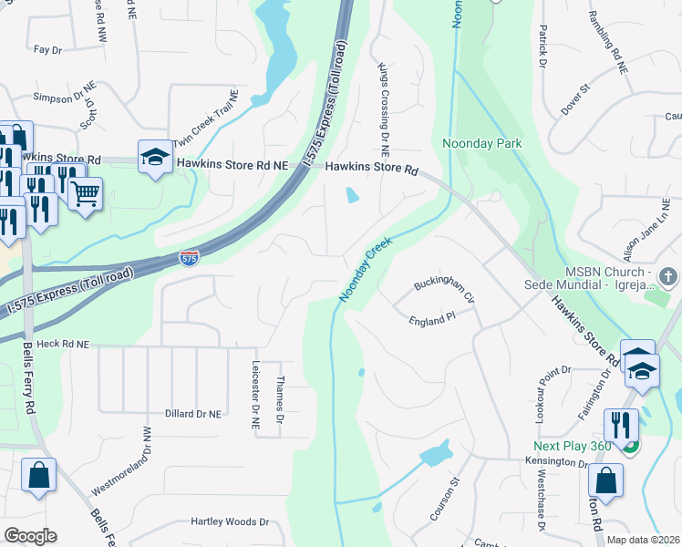 map of restaurants, bars, coffee shops, grocery stores, and more near 4199 Pamal Place Northeast in Kennesaw