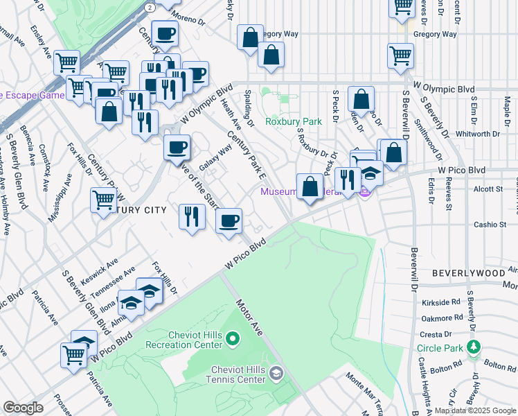 map of restaurants, bars, coffee shops, grocery stores, and more near 10114 Empyrean Way in Los Angeles