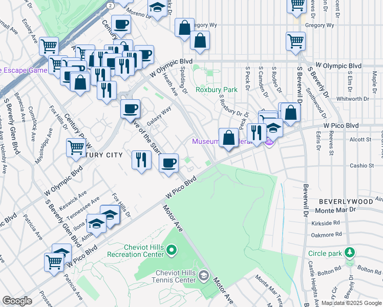 map of restaurants, bars, coffee shops, grocery stores, and more near 10100 Empyrean Way in Los Angeles