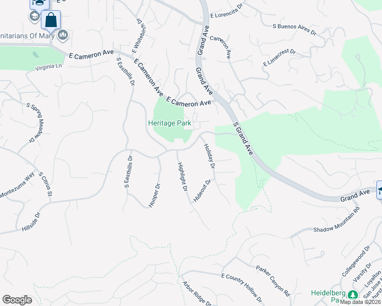 map of restaurants, bars, coffee shops, grocery stores, and more near 3172 Hillside Drive in West Covina