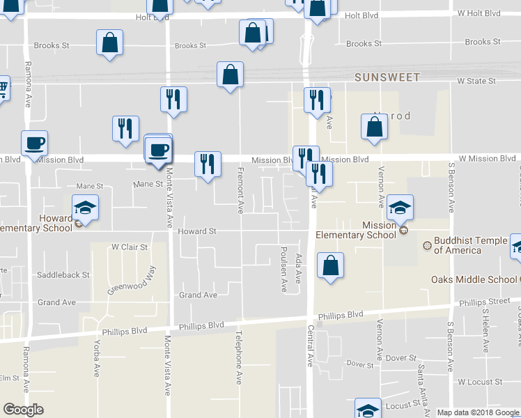 map of restaurants, bars, coffee shops, grocery stores, and more near 11052 San Juan Way in Montclair