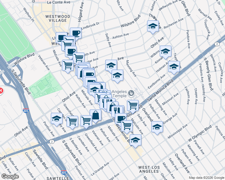 map of restaurants, bars, coffee shops, grocery stores, and more near 1646 Malcolm Avenue in Los Angeles